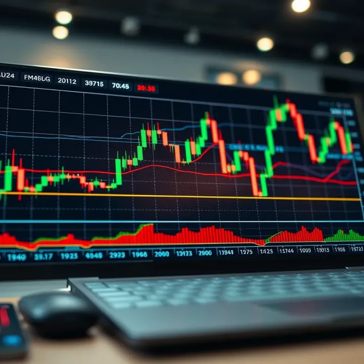 Chart showing upward trend with indicators and trading volume