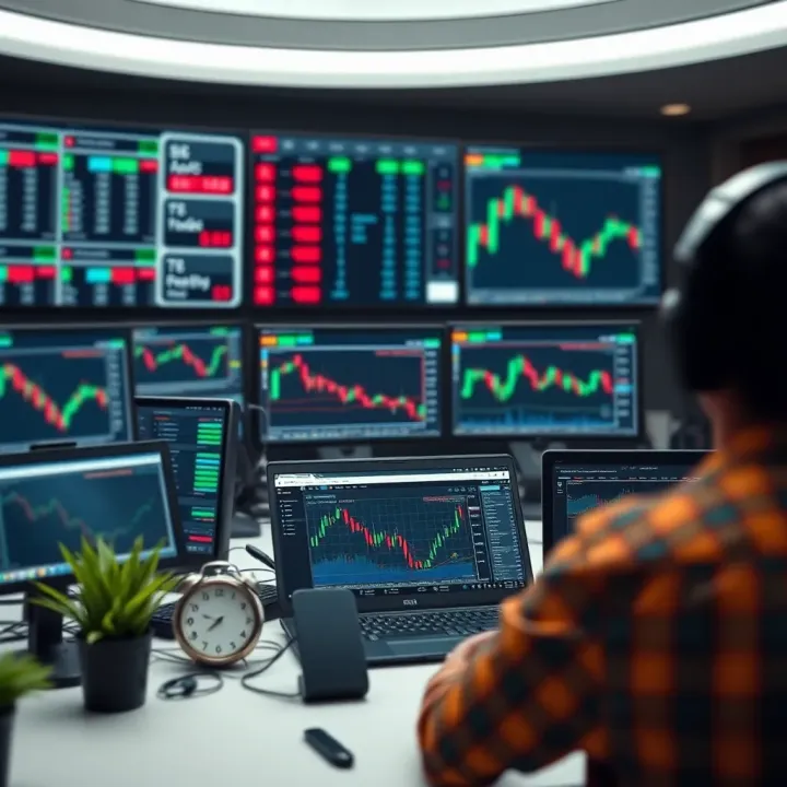 Secure Trading Environment for Day Traders in the UK Secure online trading setup with multiple devices showing market analysis and security features