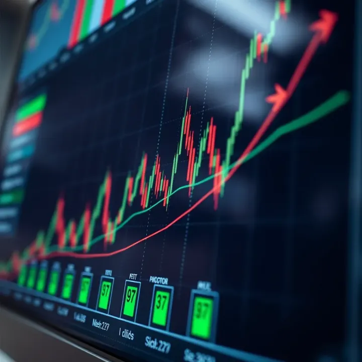 Graph illustrating various binary options trading indicators with trend lines and signal points
