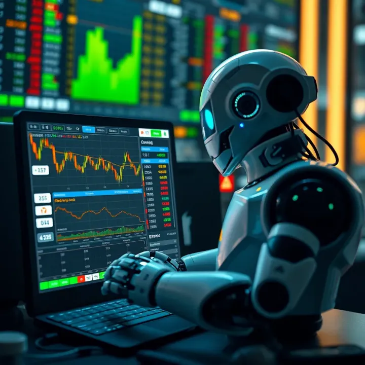 Automated trading robot analyzing binary options market data with digital interface