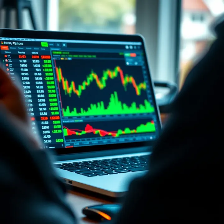 Illustration of a person analyzing financial data on a laptop screen showing binary options trends