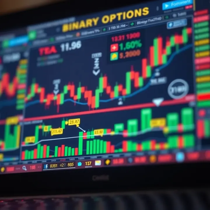 Illustration of fundamental binary options trading concepts with charts and symbols