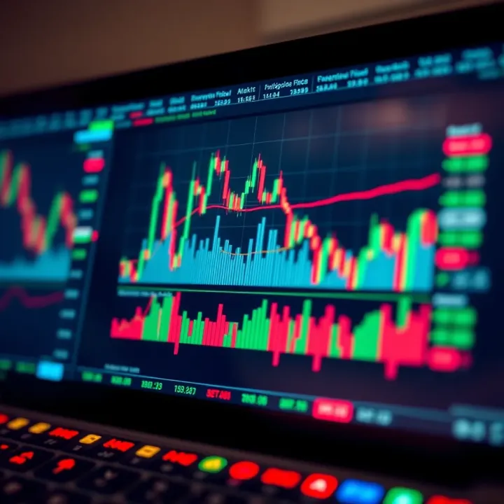 Graph showing various binary options trading indicators with trend lines and signals