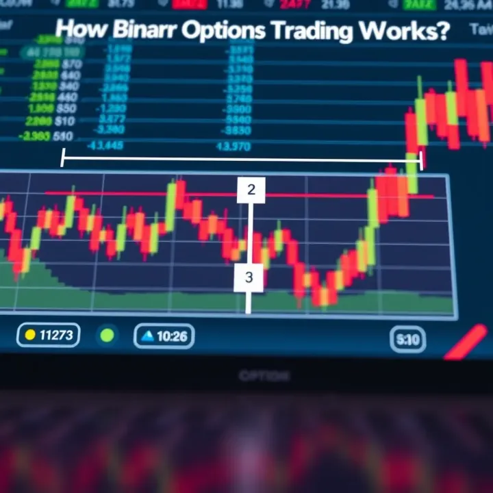 Diagram illustrating the basic operation of binary options trading with financial charts and decision points