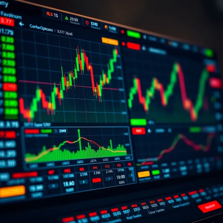 Binary options trading platform interface showing various financial charts and indicators