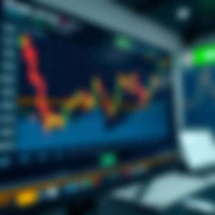 Graph showing options trading strategy with upward and downward trends on a digital screen