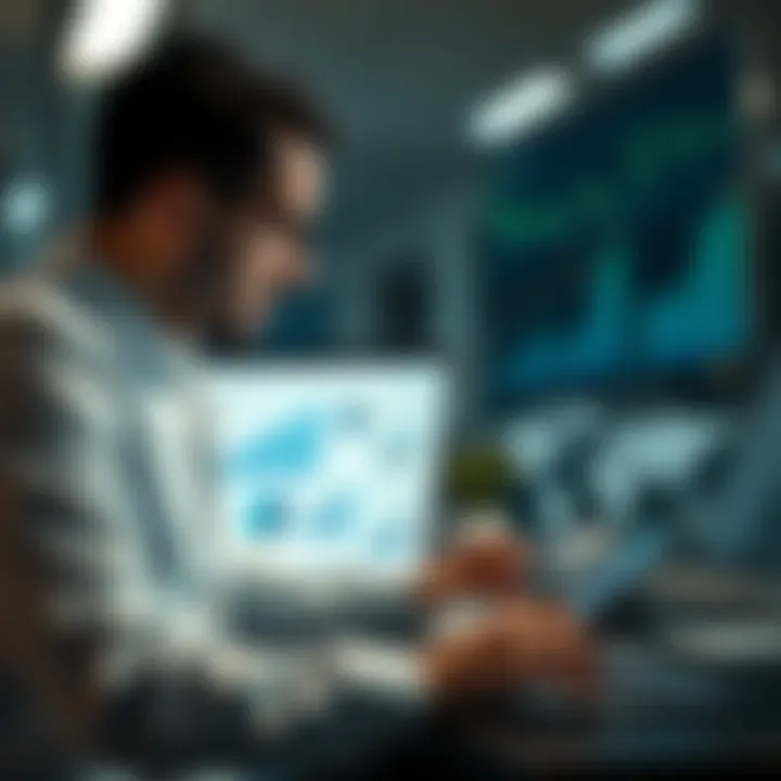 Researcher analyzing statistical data on a laptop for academic market study