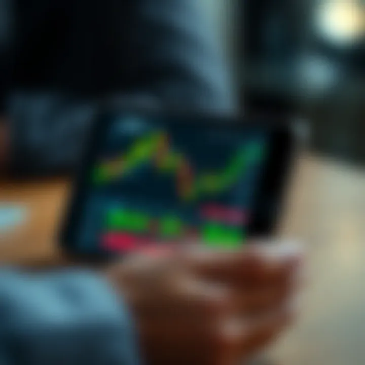 Mobile device displaying live financial charts and stock market trends