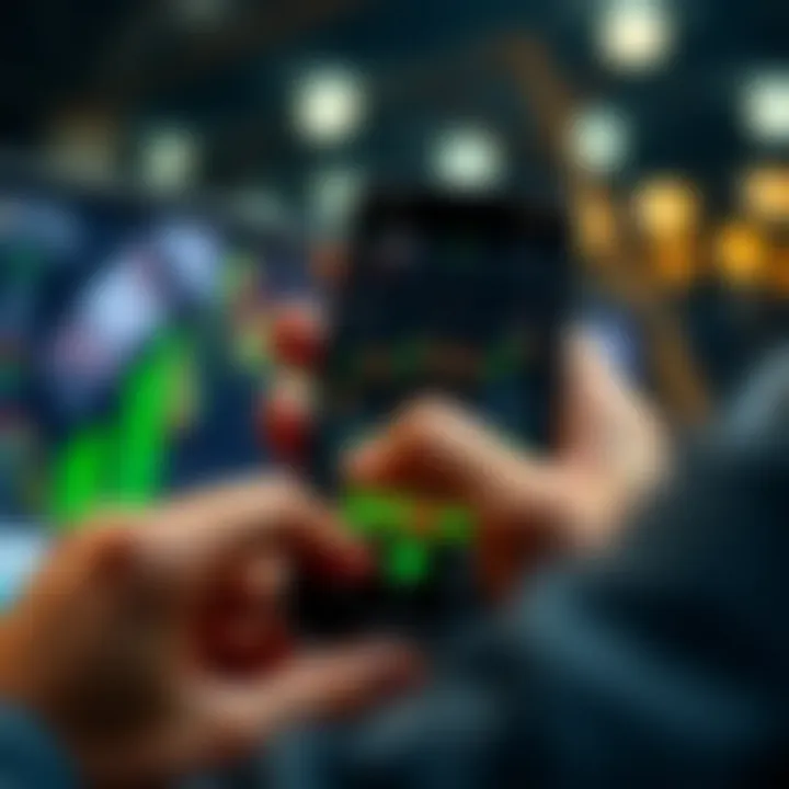 User interacting with a smartphone showing trading platform features and market analytics