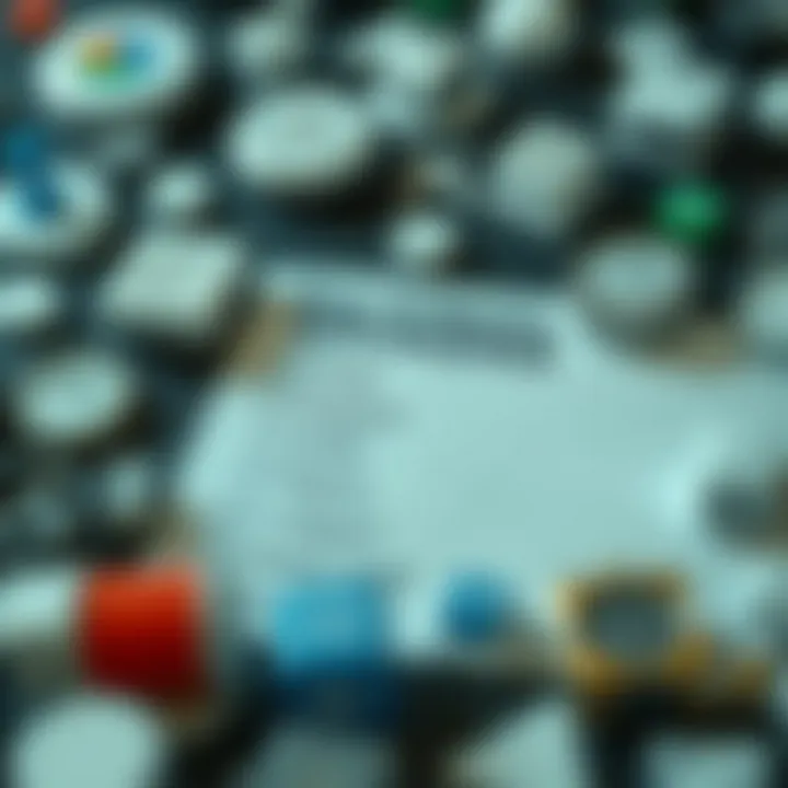 Various financial icons representing fees, support, and asset types surrounding a checklist for broker selection