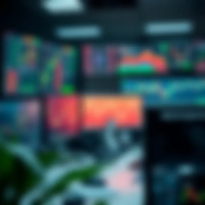 Workspace setup with multiple screens showing financial data and trading platforms