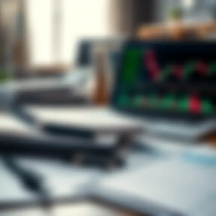 Selection of educational materials including charts, notebooks, and a laptop displaying trading data