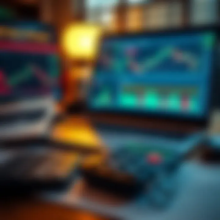 Collection of essential trading tools including laptop with charts, financial news, and calculator