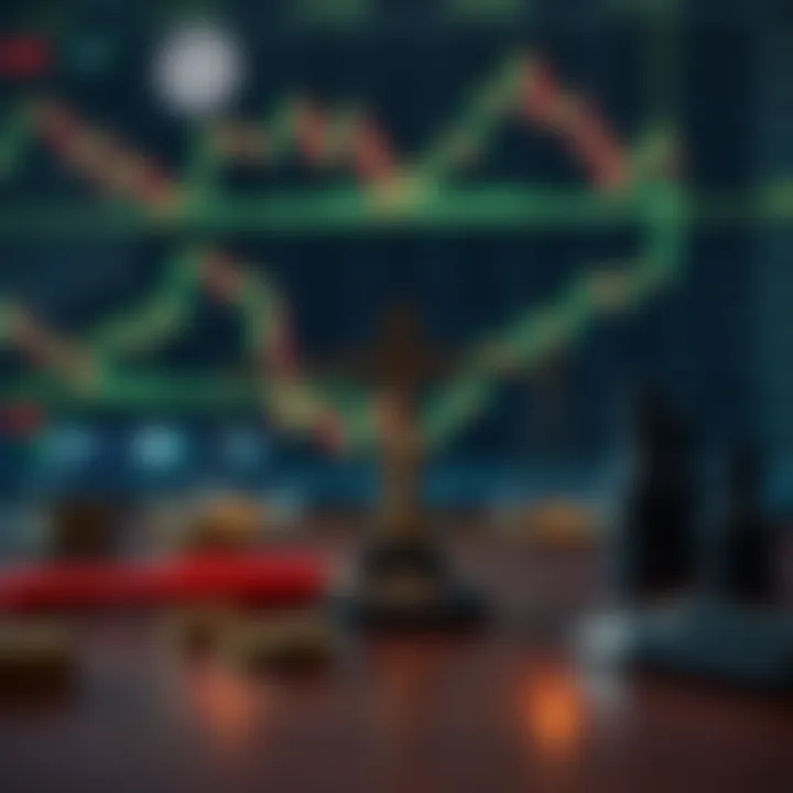 Conceptual illustration of risk management with trading tools and psychological balance symbols