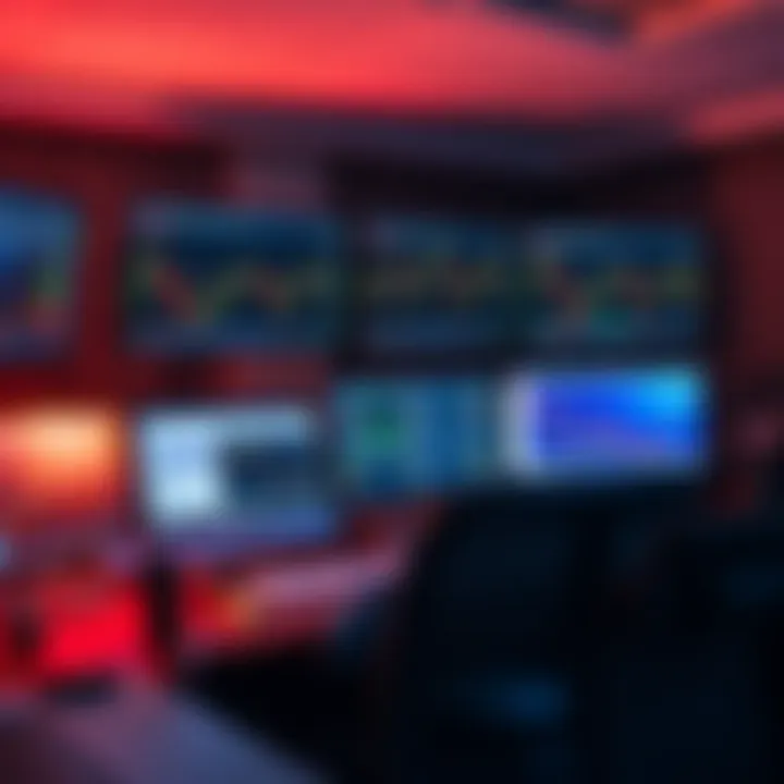 Illustration of a trading desk with multiple monitors displaying stock charts and market data