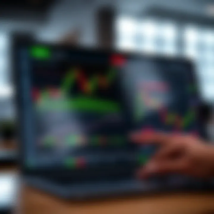 Digital interface displaying a simulated trading platform with charts and portfolio overview