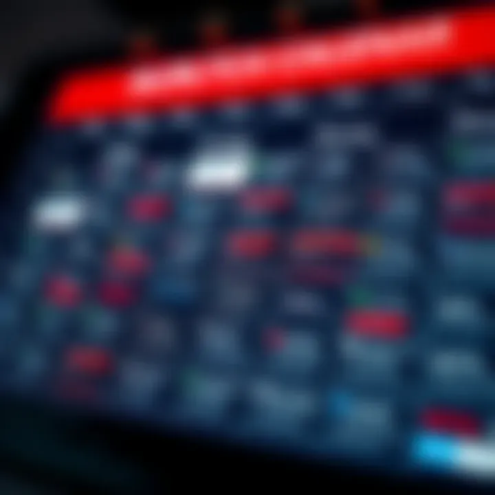 Calendar displaying various economic events marked with icons representing financial news and data releases