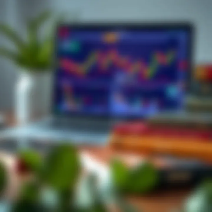 Collection of essential trading books and a laptop showing stock market charts