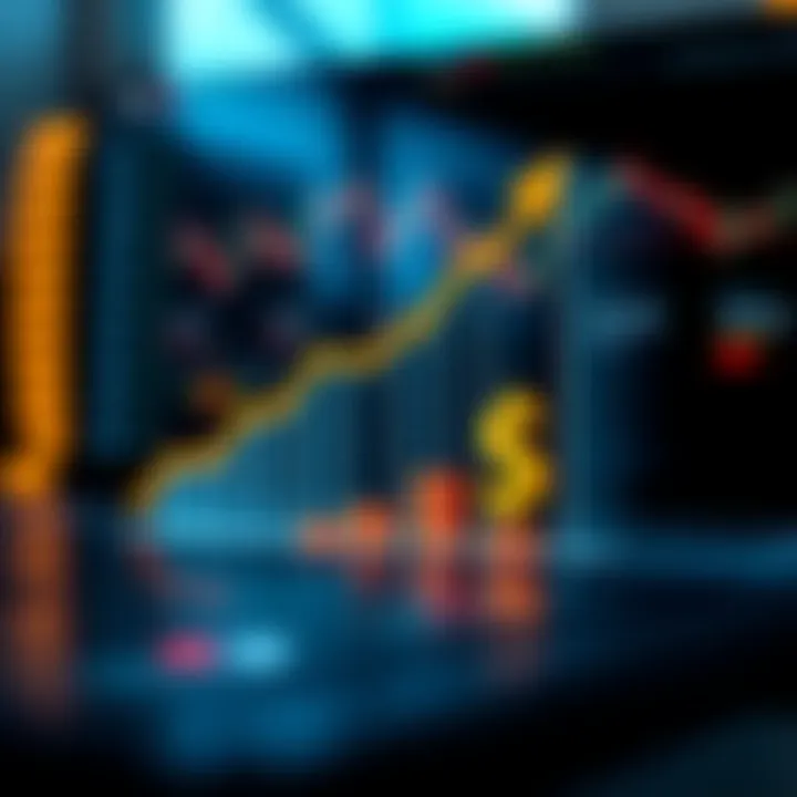 A graphical representation of financial growth with upward trend lines and currency symbols