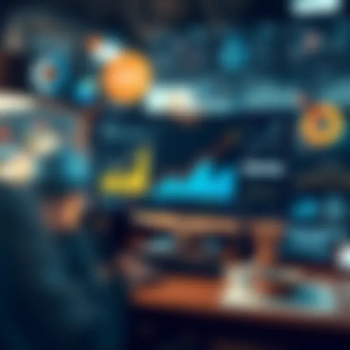 Illustration showing tools and methods used in market analysis with graphs and data visualization