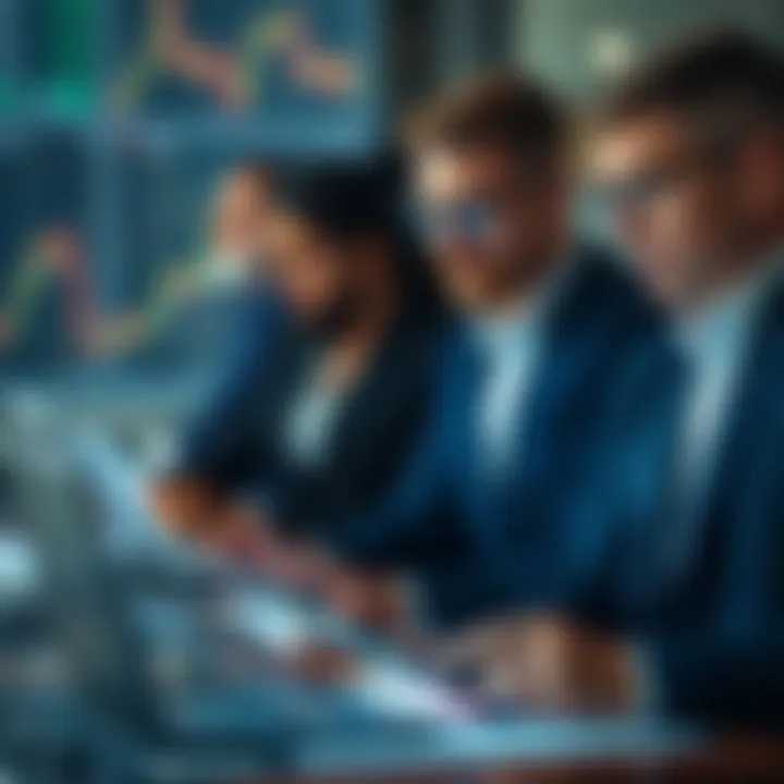 Business professionals analyzing market trends and data charts on digital devices