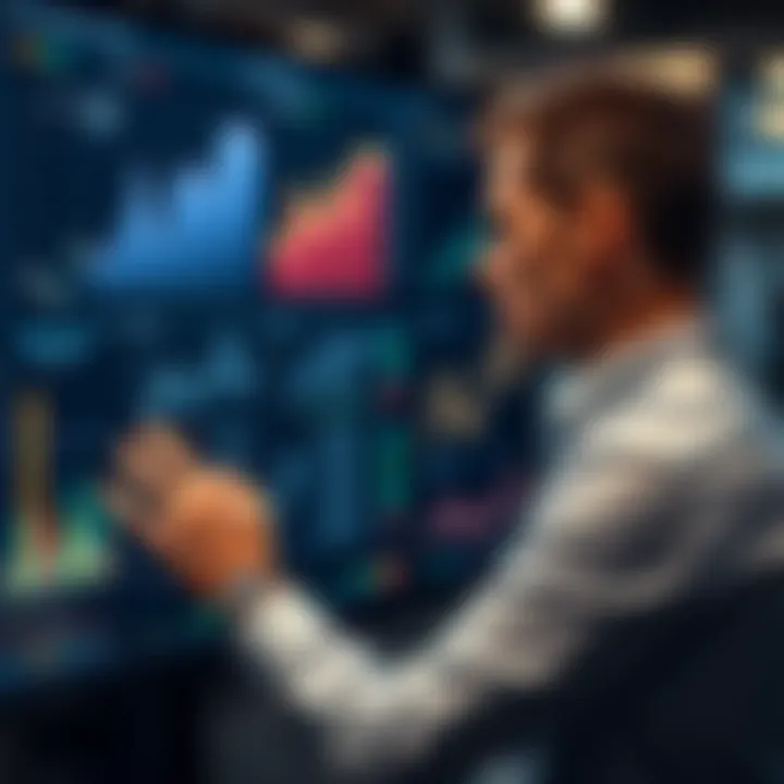 Businessman analyzing market data on digital dashboard with charts and graphs