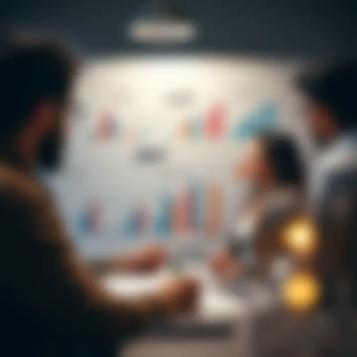 Creative team designing marketing strategies with charts and growth plans on a whiteboard