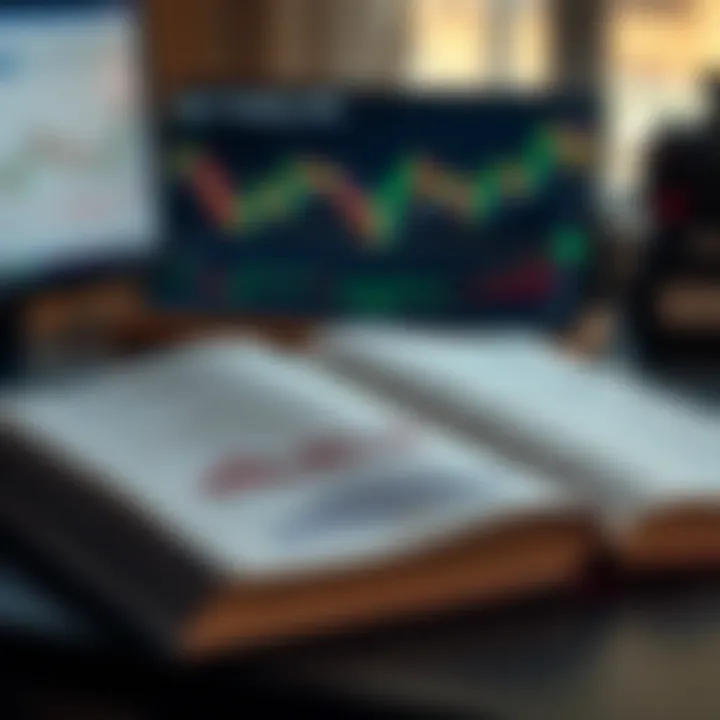 Open book with financial graphs and trading strategies displayed on screen