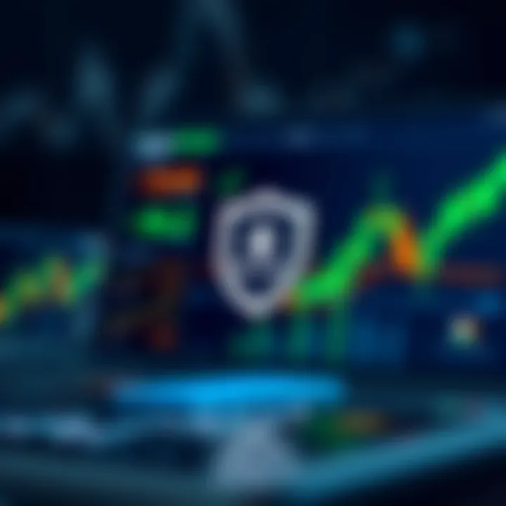 Risk-Free Demo Trading Account Concept for Beginners Conceptual graphic of a risk-free demo trading account with financial symbols and secure shield icon