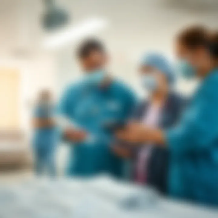 Hospital staff collaborating using digital tablet to review patient safety protocols