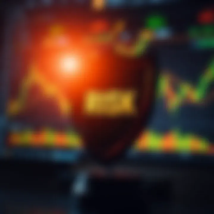Risk management concept with shield protecting financial assets on digital screen