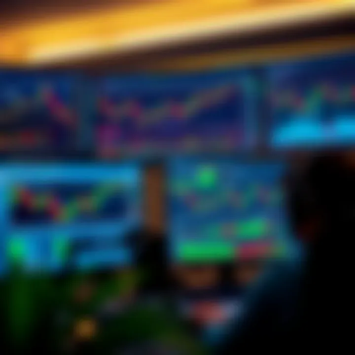 Set of trading tools including computer screens with market charts, financial news, and trading software interface