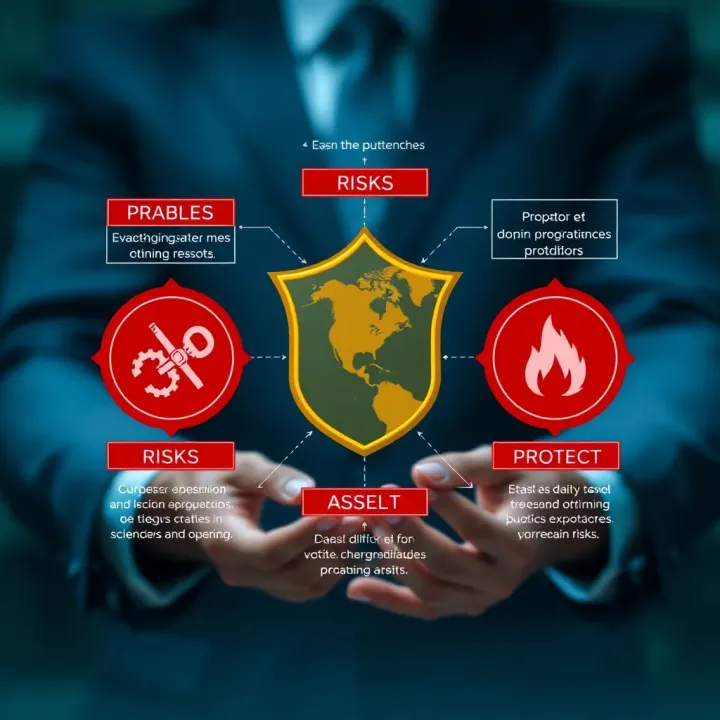 Types of Risks and Protective Strategies in Business Visual representation of various types of business risks and strategic approaches for protecting assets