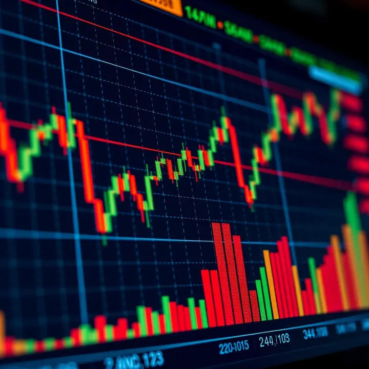 Graph showing fluctuating contract for difference trading values on a financial market chart