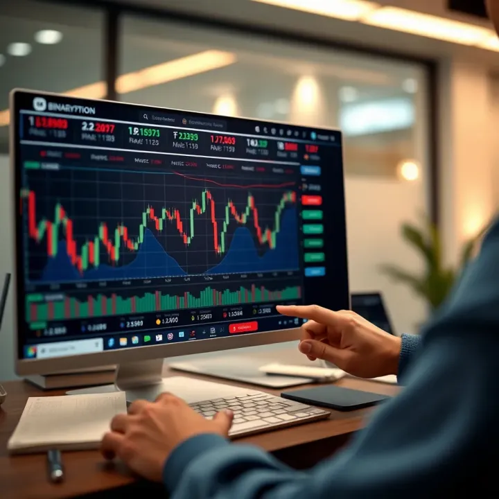User interacting with a binary options trading platform interface showing charts and trading options