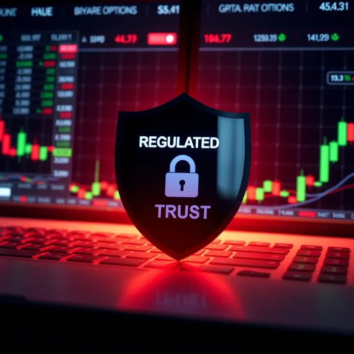 Illustration showing a secure digital trading platform with binary options charts and a shield symbolizing regulation and trust