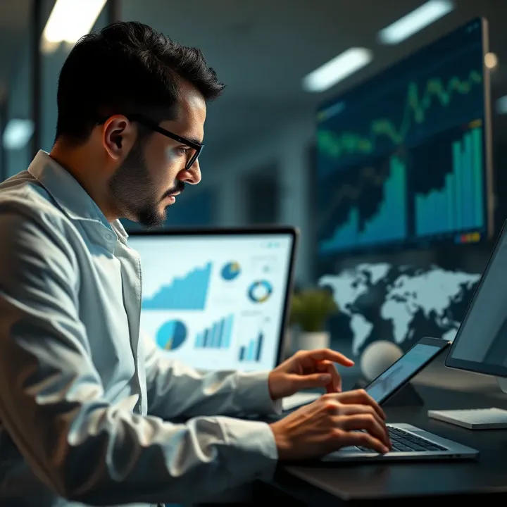 Researcher analyzing statistical data on a laptop for academic market study