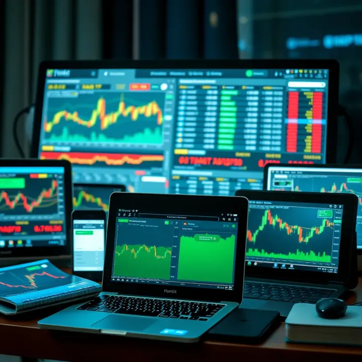Digital Resources Featuring Binary Options Market Data and Educational Materials Collection of digital devices showing financial data and binary options trading interfaces