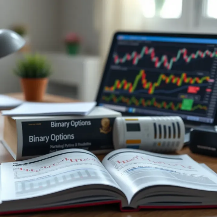 Book open on a desk with charts and graphs illustrating binary options trading strategies