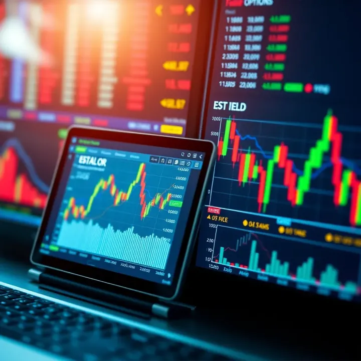 Illustration showing the concept of binary options trading with charts and digital graphs