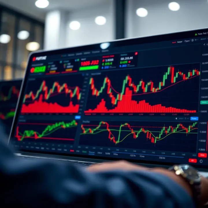 Interface of a demo trading account showing various financial charts and tools