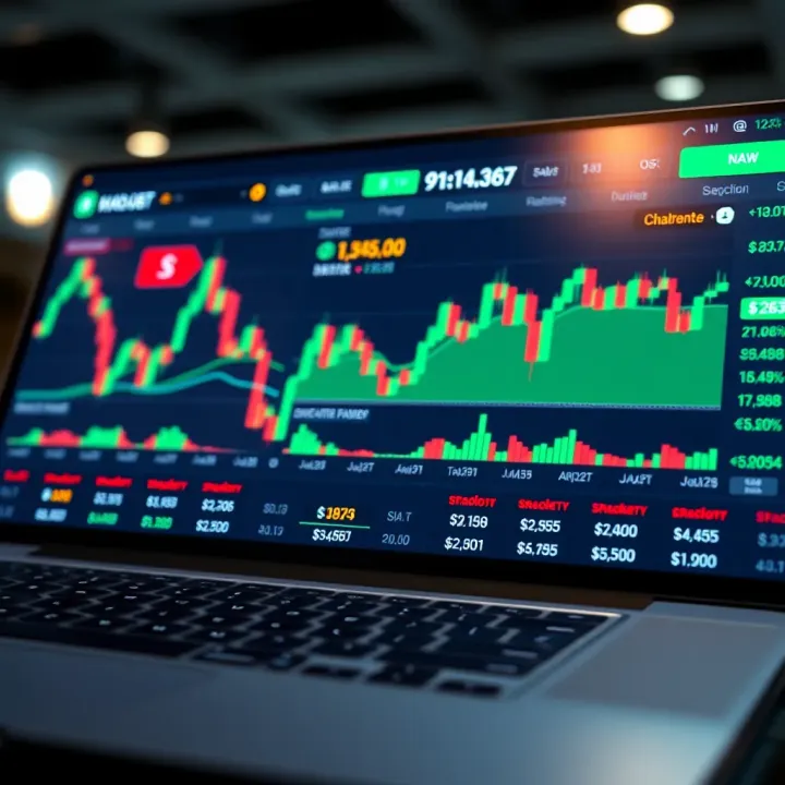 Graph showing trading platform interface with simulated stock charts and virtual currency balances
