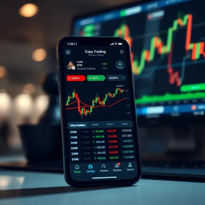 User interface of a copy trading mobile application showing live trader performance and portfolio statistics