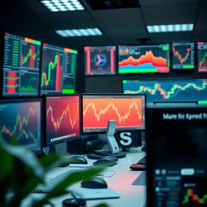 Workspace setup with multiple screens showing financial data and trading platforms