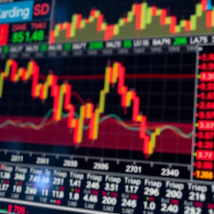 Graph showcasing rising and falling stock market trends with trading indicators