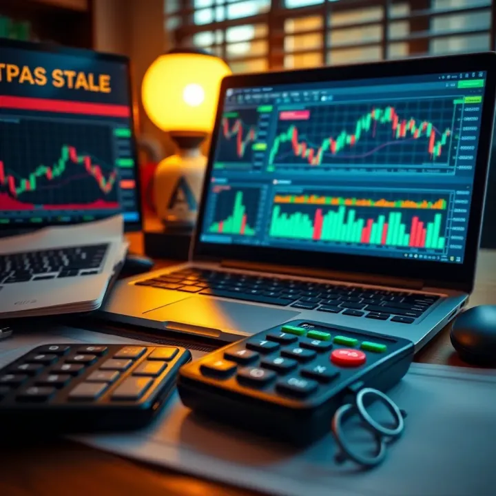 Collection of essential trading tools including laptop with charts, financial news, and calculator