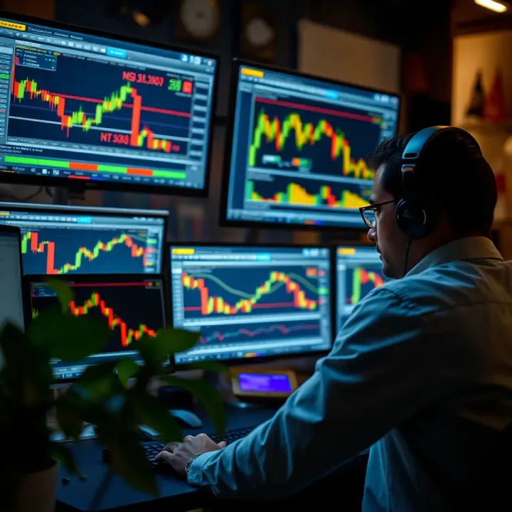 Technical Analysis and Risk Management in Scalping Trading workstation with multiple screens displaying technical analysis tools and risk management indicators