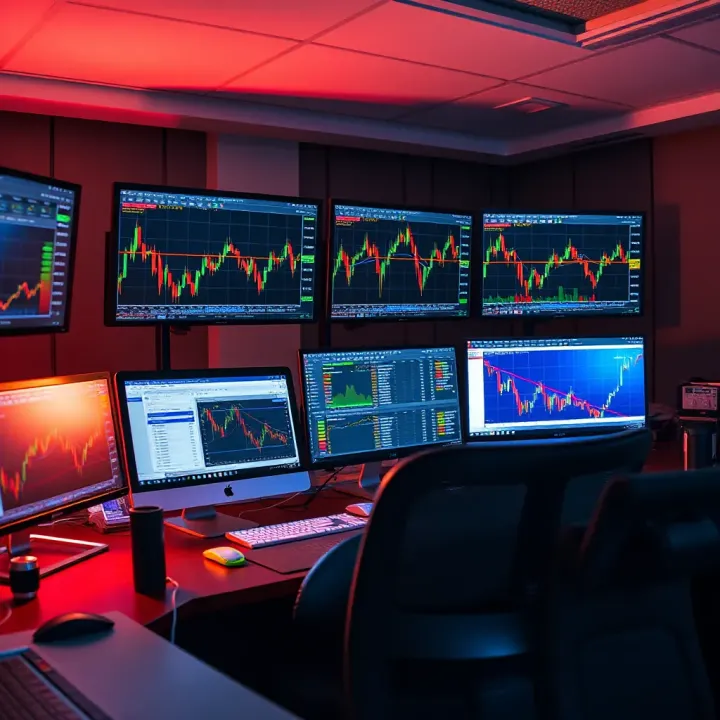 Day Trading Strategy and Market Monitoring Setup Illustration of a trading desk with multiple monitors displaying stock charts and market data