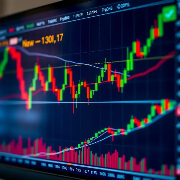 Graph showing intraday price movements with candlestick patterns and technical indicators on trading platform