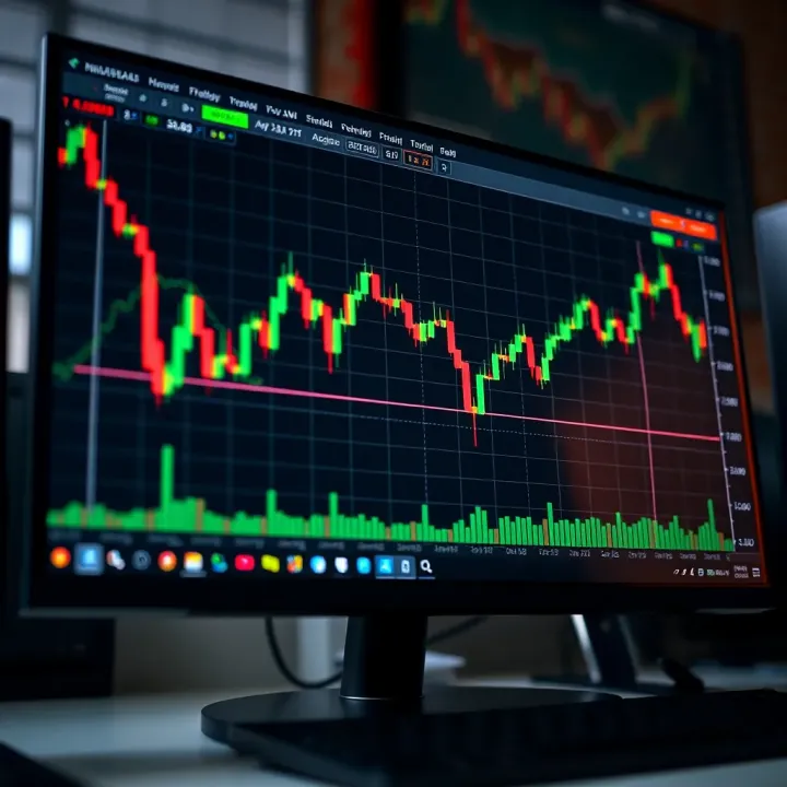 Graph showing upward trends and financial data on a computer screen